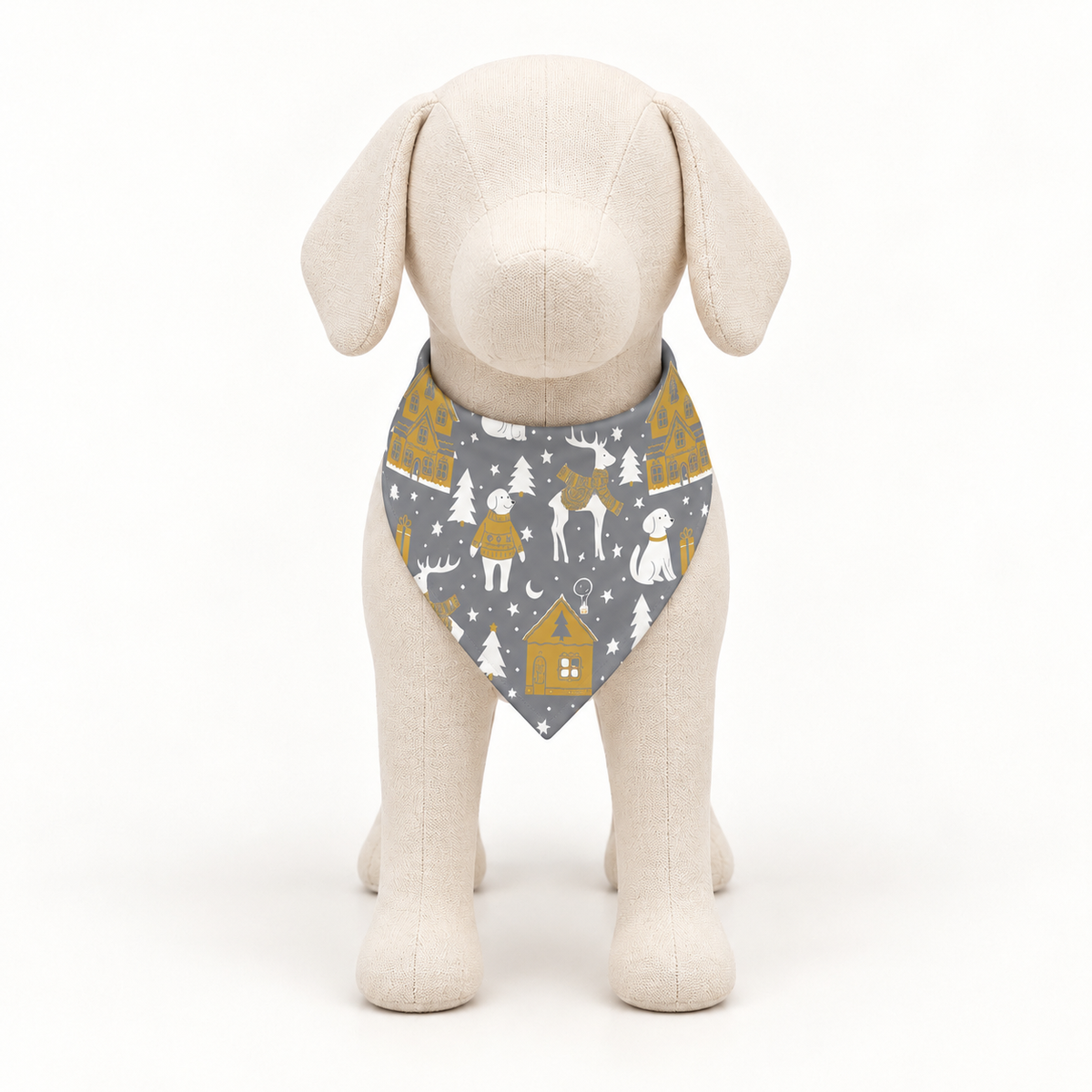 A large front facing mannequin dog wearing a silver bandana with a winter village pattern, on a white background.