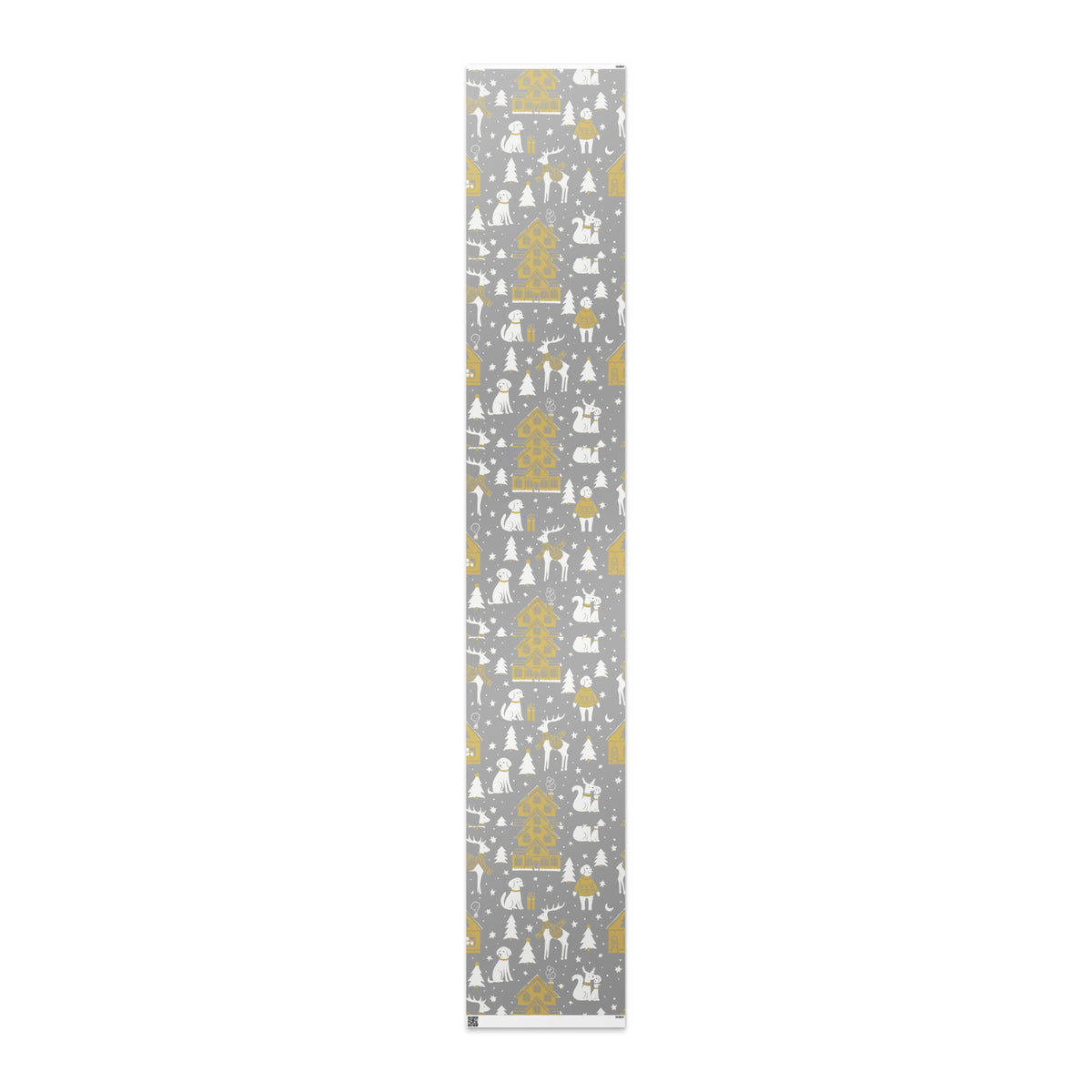 A flat 30 x 180 glossy sheet of silver, gold and white, Christmas winter village wrapping pager, against an off white background.