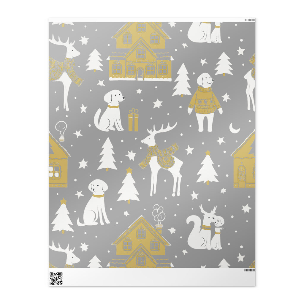 A flat sheet of wrapping paper featuring a cozy Christmas village design on a silver, gold and white background. 