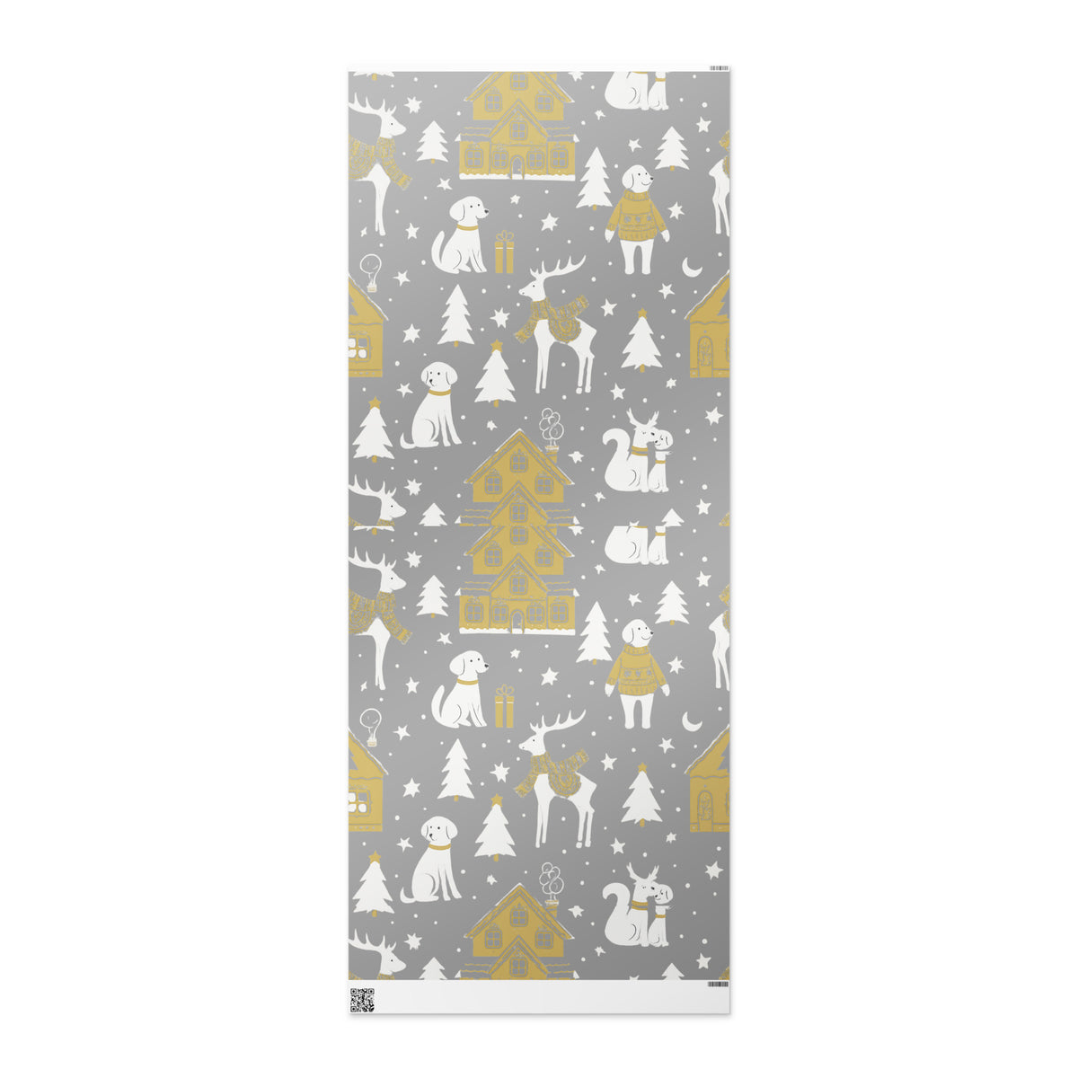 A flat sheet of silver and gold Christmas winter village with dogs, reindeer’s, and star images, wrapping pager, against an off white background. 