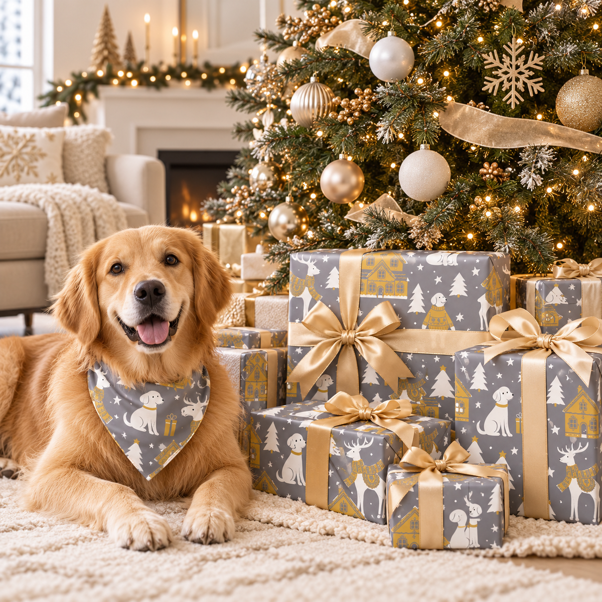A dog wearing a matching bandanna, laying next to three wrapped gift boxes with a silver and gold dog images Christmas wrapping paper.