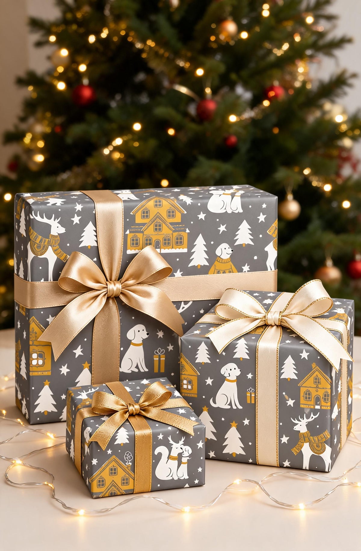 Three wrapped Christmas presents, decorated with dogs, cabins, reindeers and trees wrapping paper set against a background of a Christmas tree.