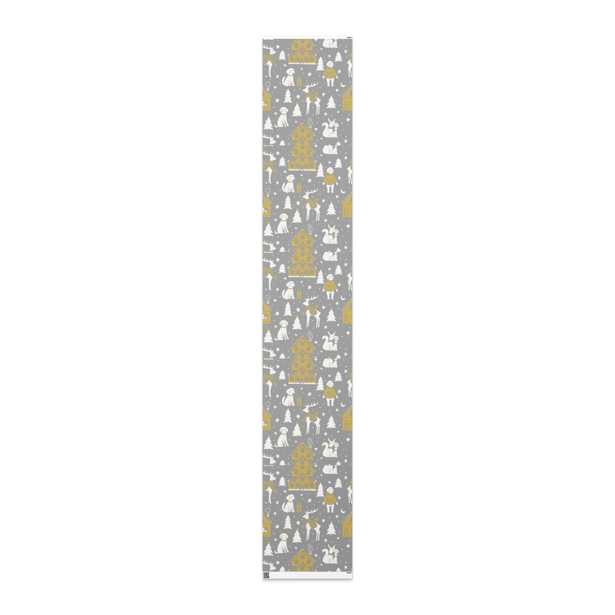 A flat sheet of silver Christmas wrapping pager, decorated with dogs, cabins, reindeers and trees against a white background.