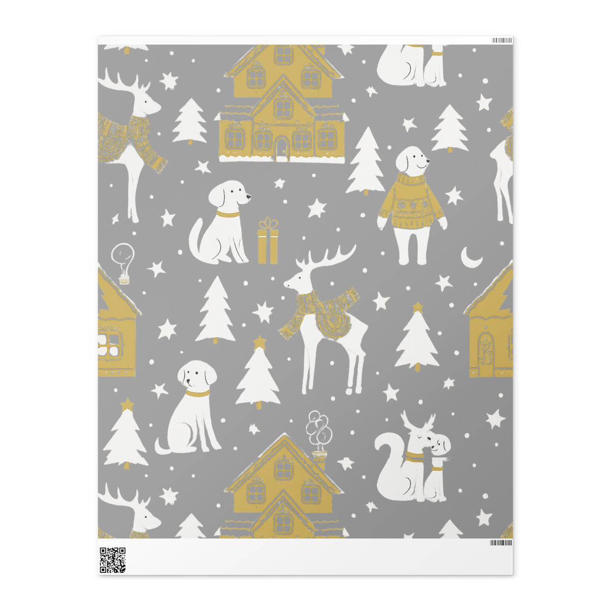 A flat sheet of wrapping paper featuring a cozy Christmas village design on a silver, gold and white background. 