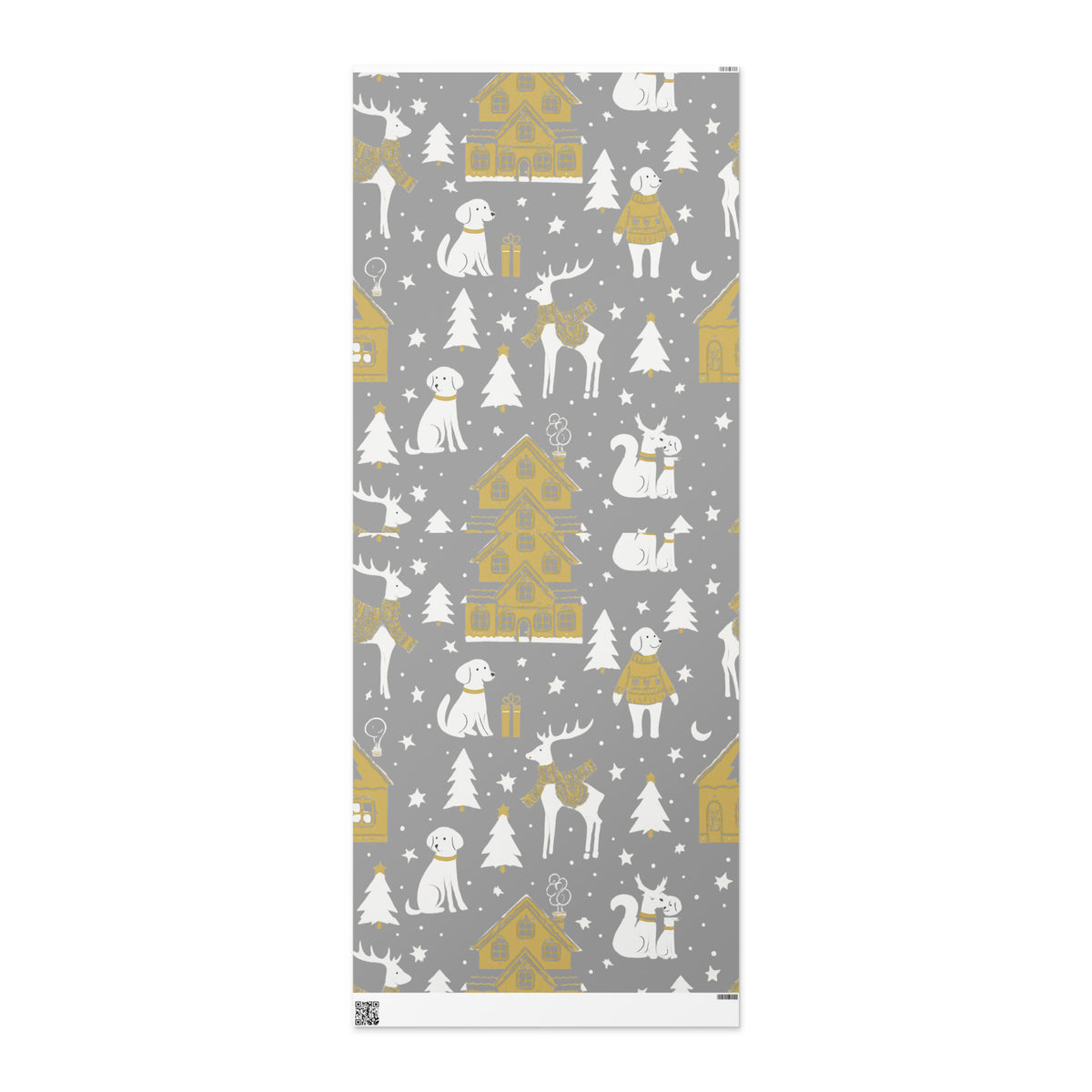 A flat sheet of silver Christmas winter village wrapping pager, against an off white background.