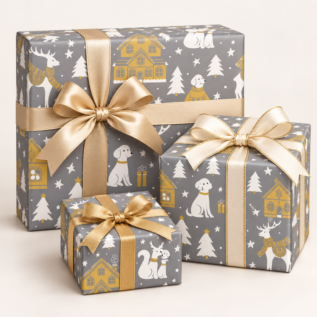 Three wrapped gift boxes of different sizes with a silver and gold; dogs, reindeers and trees, wrapping paper, on an off white background. 