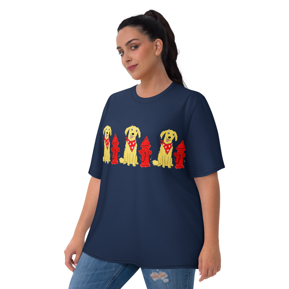 Women’s deep navy T-shirt featuring golden dogs and red fire hydrants across the front