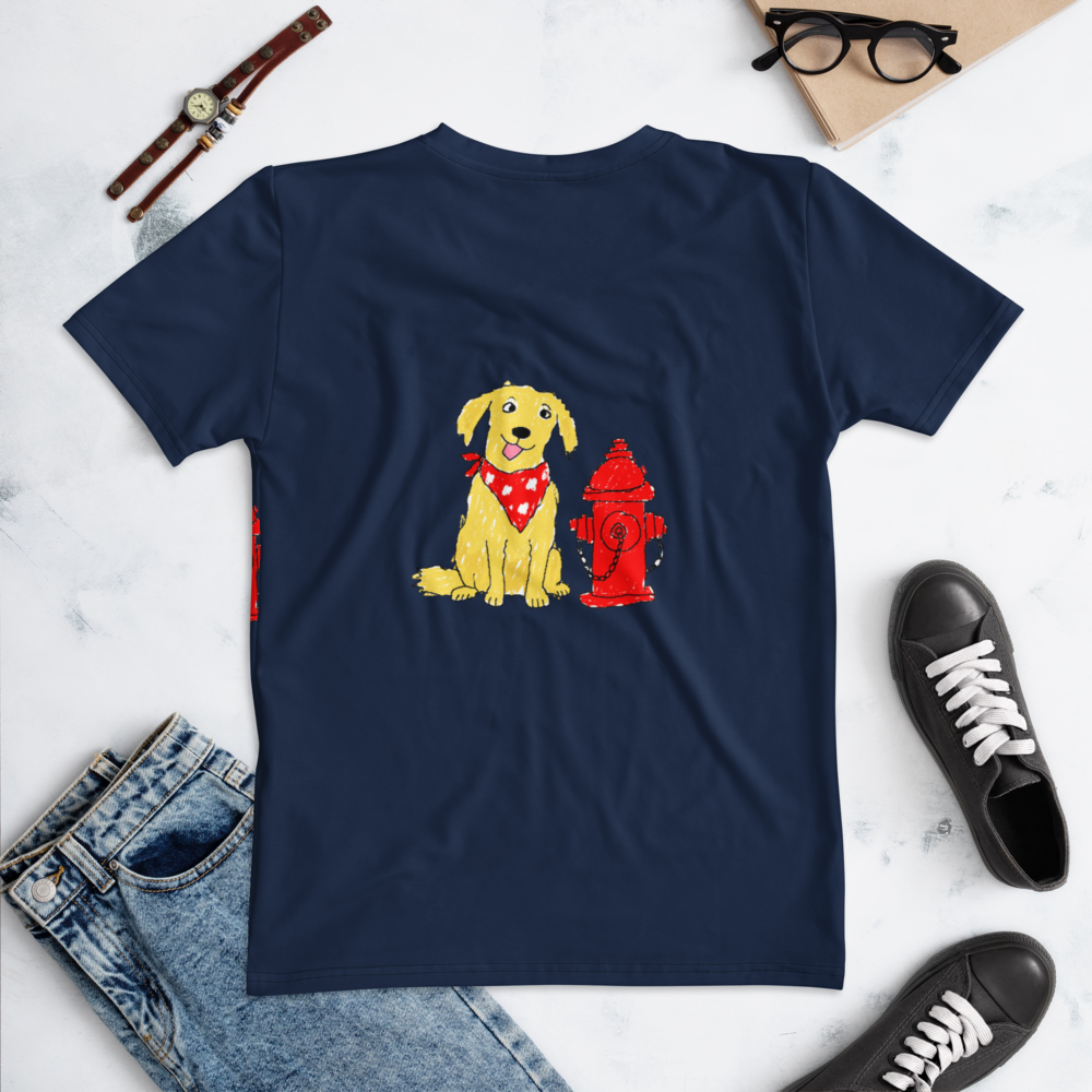A navy blue short-sleeve t-shirt with a graphic of a yellow dog wearing a red bandana next to a red fire hydrant. 