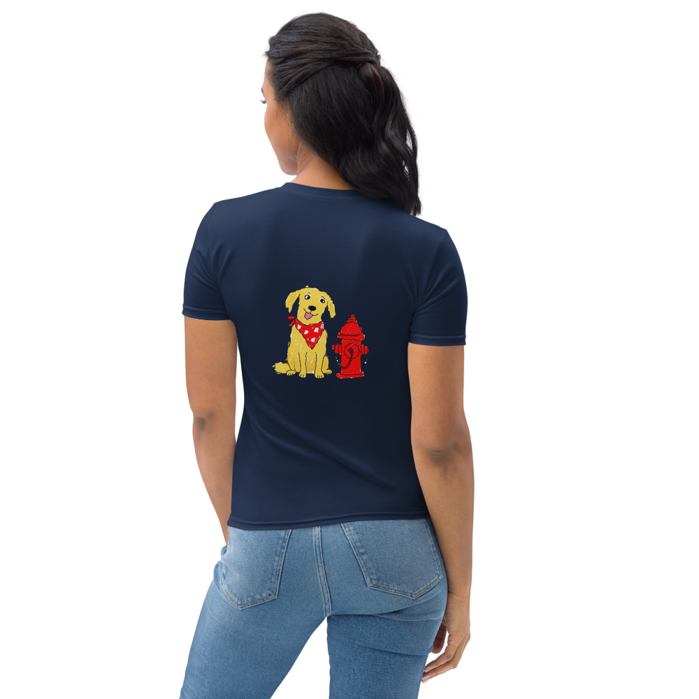 woman wearing a navy t-shirt with a  print of dogs wearing red bandanas next to red fire hydrants back view.