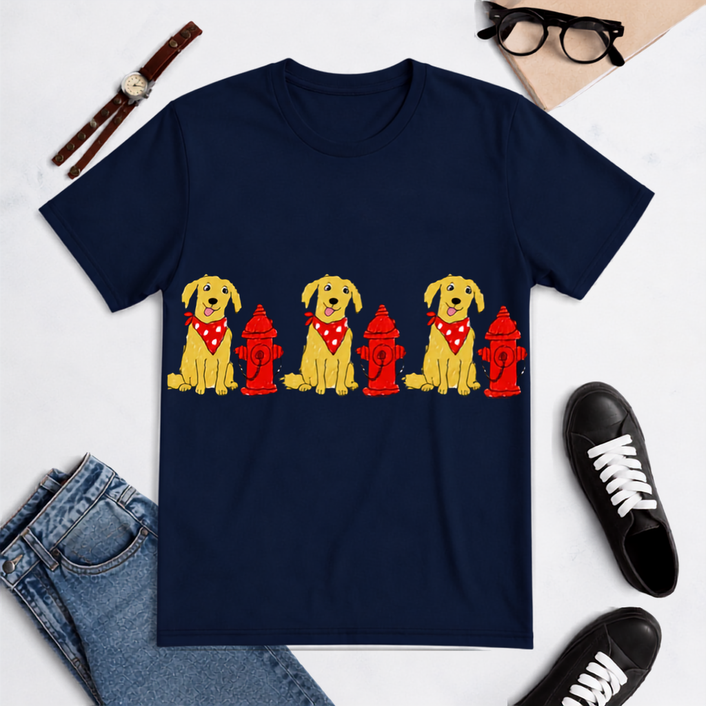 Fire hydrant t-shirt displayed flat-lay arrangement with blue jeans, black sneakers, white background.