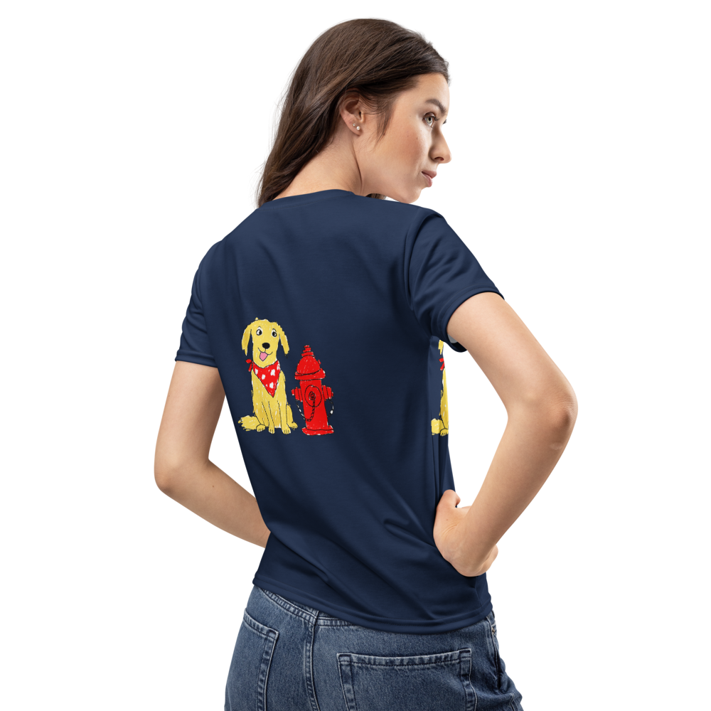woman wearing a navy blue t-shirt with a graphic print of dogs wearing red bandanas next to red fire hydrants back.