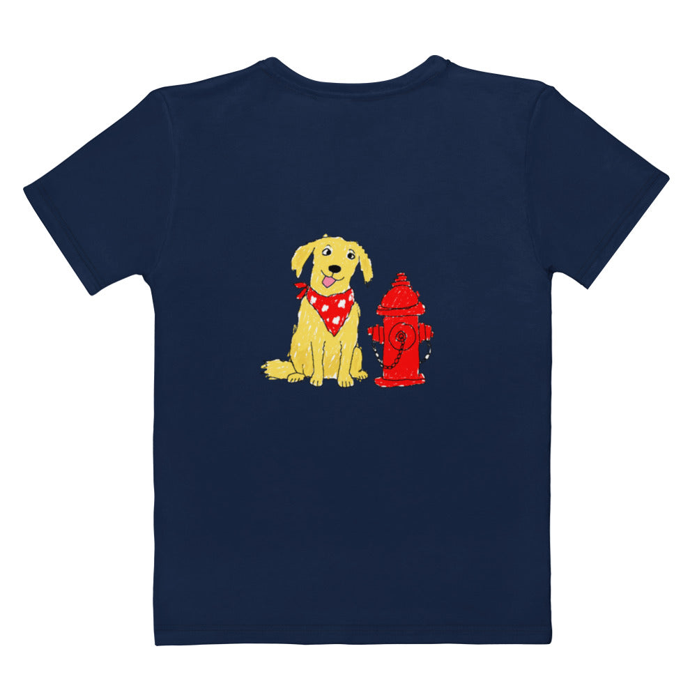 A navy blue short-sleeve t-shirt with a graphic print of a yellow dog wearing a red bandana next to a red fire hydrant, shown on a plain white background.