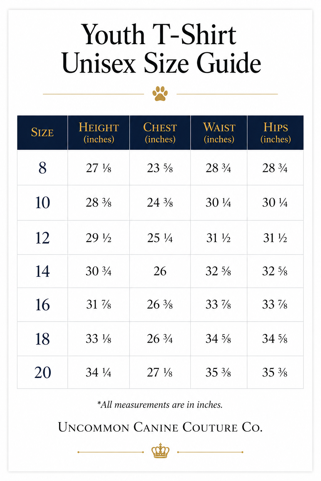 A size guide chart for a youth unisex T-shirt by Uncommon Canine Couture Co.
